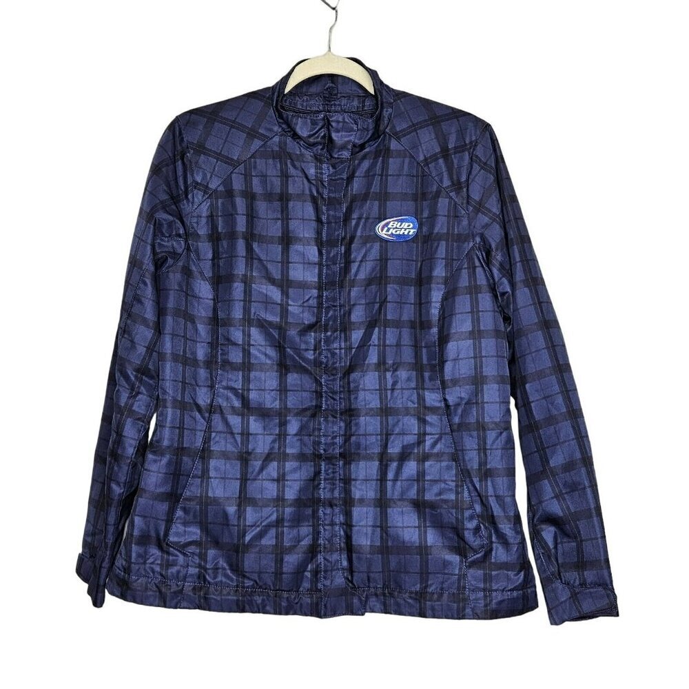North End Sport Bud Light‎ Womens Jacket Blue Plaid Full zip Lightweight Size L